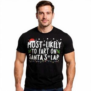 Port & Co Funny Christmas “Most Likely to Fart on Santa’s Lap” Tee Black Sz L